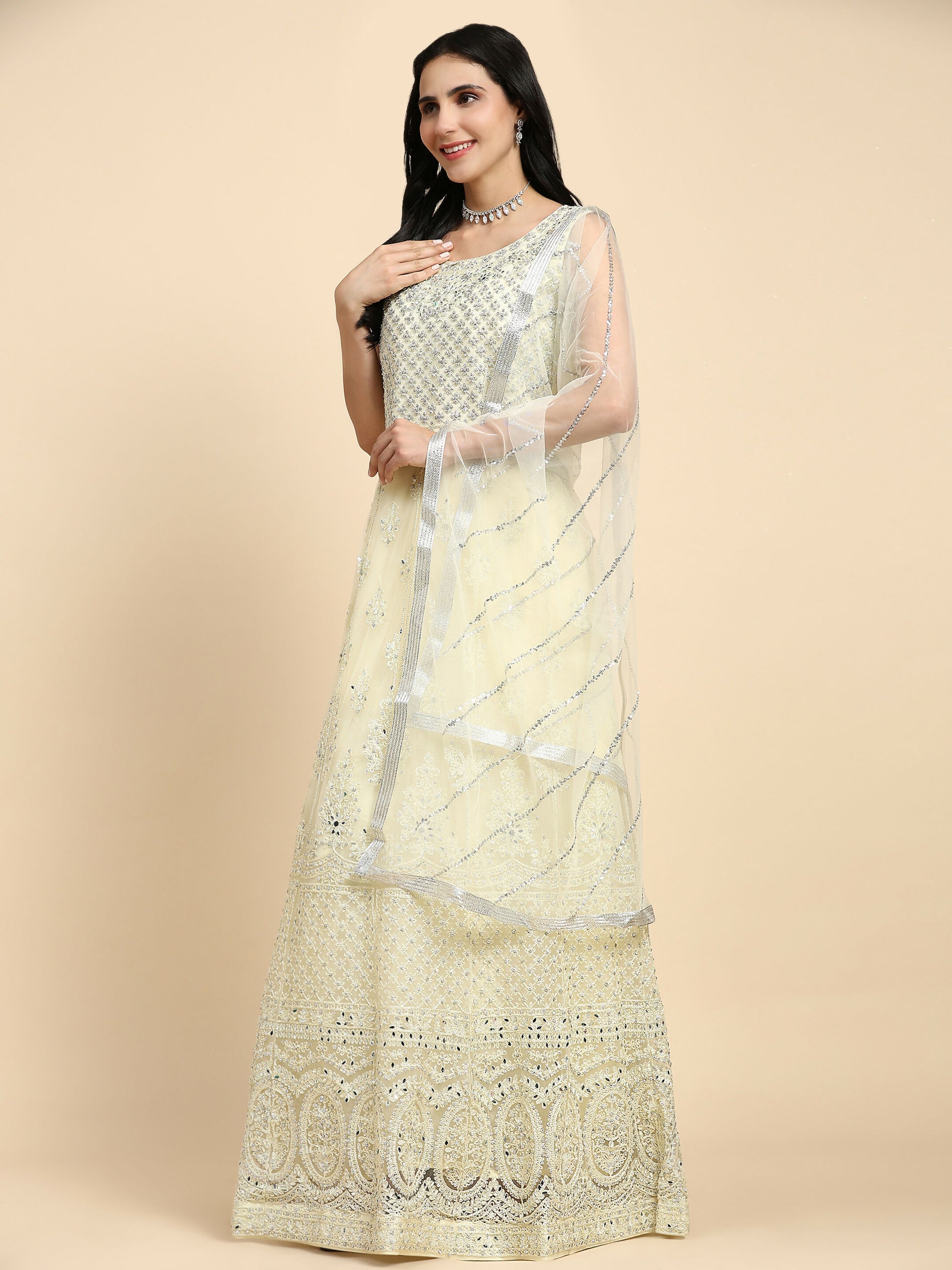 Yellow Net Hand Embroidered Gown - Rudrani - Distacart