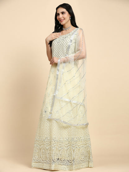 Yellow Net Hand Embroidered Gown - Rudrani - Distacart