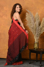 Thumbnail for Very Much Indian Pure Cotton Handloom Saree with Buttis & Sleek Border - Black - Distacart