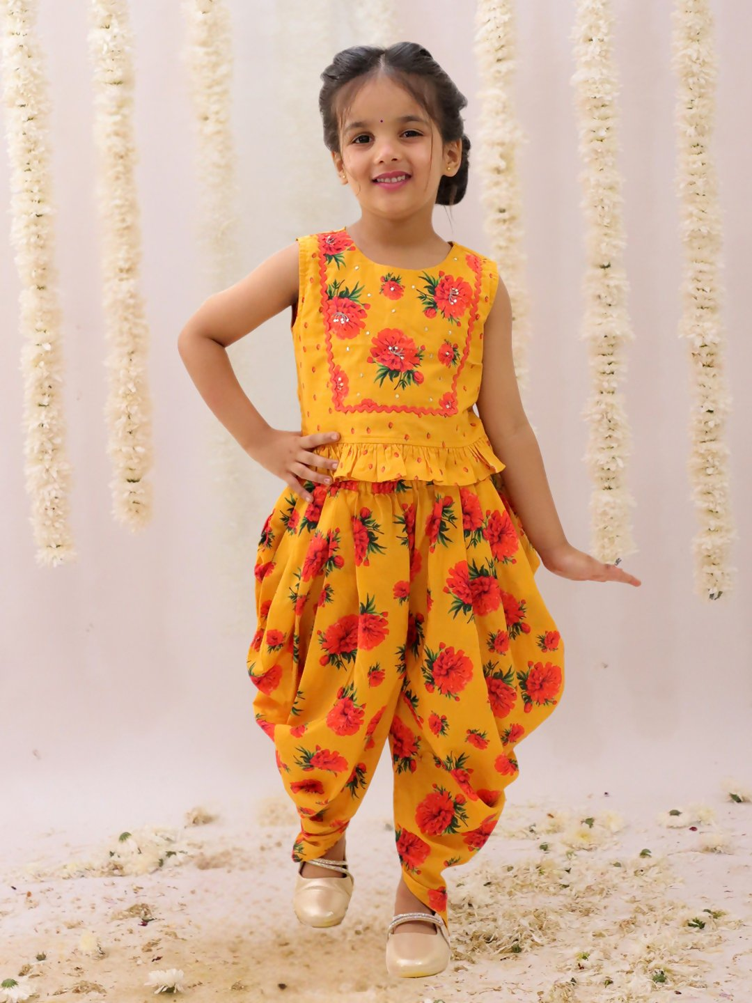 Lil Drama Genda Phool Mustard Crop Top and Dhoti Set For Girls