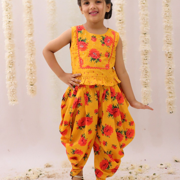 Lil Drama Genda Phool Mustard Crop Top and Dhoti Set For Girls