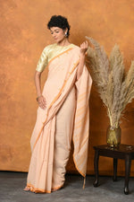 Thumbnail for Very Much Indian Handloom Pure Cotton Saree With Sleek Border - Light Peach - Distacart