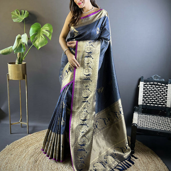 Joban Fashion Navy Blue Striped With Floral Motifs Soft Silk Leheriya Saree