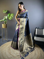 Thumbnail for Joban Fashion Navy Blue Striped With Floral Motifs Soft Silk Leheriya Saree