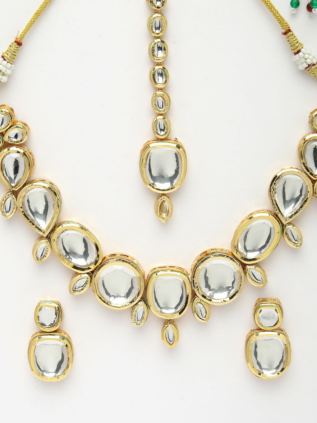 NVR Women's Gold Kundan-Studded Necklace and Earrings with Mang Tikka - Distacart