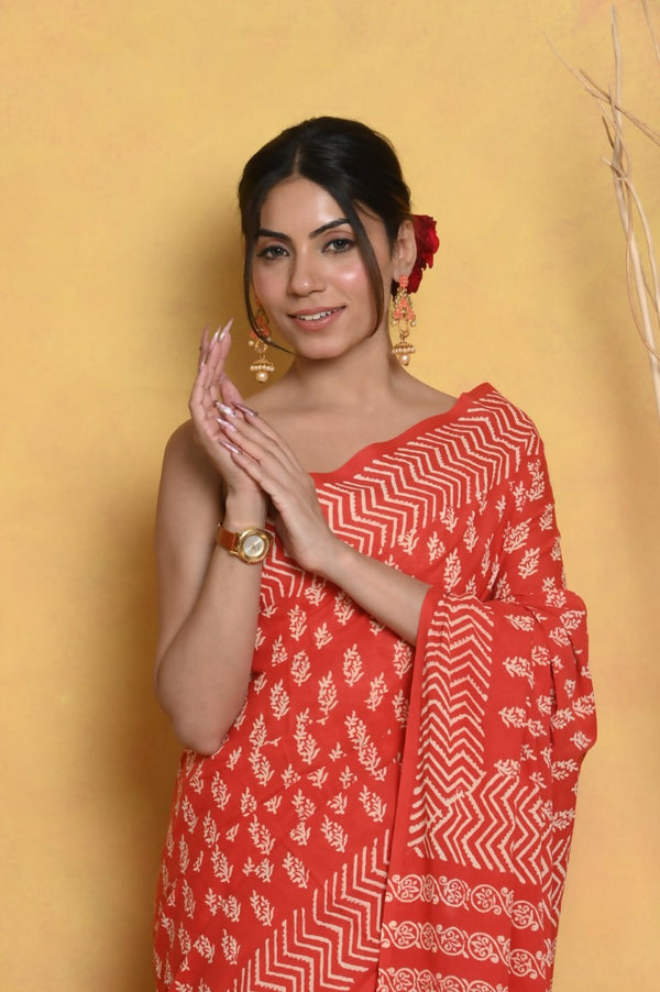 Very Much Indian Handblock Printed Cotton Saree With Natural Dyes - Orange - Distacart