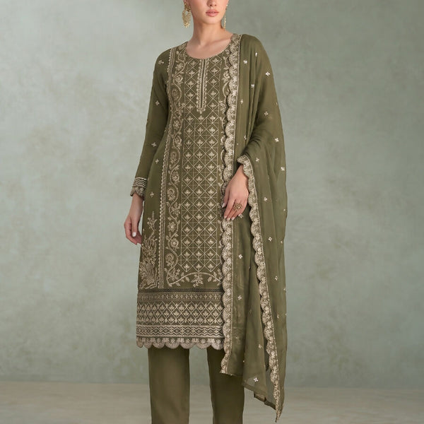 KC Mahendi Green Pakistani Straight Suit For Women Chiffon - Dista