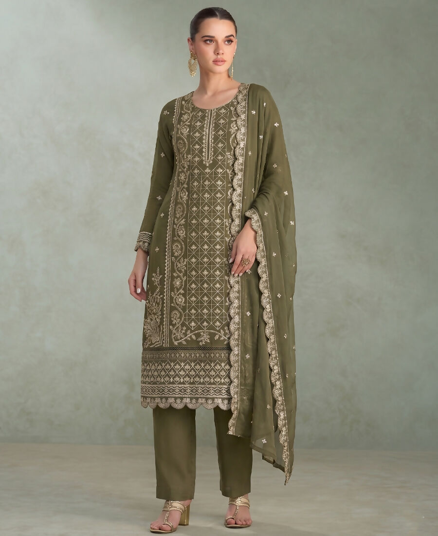 KC Mahendi Green Pakistani Straight Suit For Women Chiffon - Dista