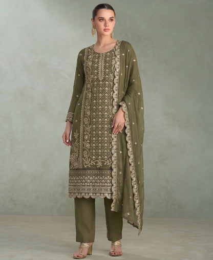 KC Mahendi Green Pakistani Straight Suit For Women Chiffon - Dista