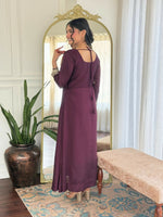 Thumbnail for The52 Wine Women's Gorgeous Vichitra Silk Fabric Embroidered Work Flared Anarkali Pant and Dupatta Set
