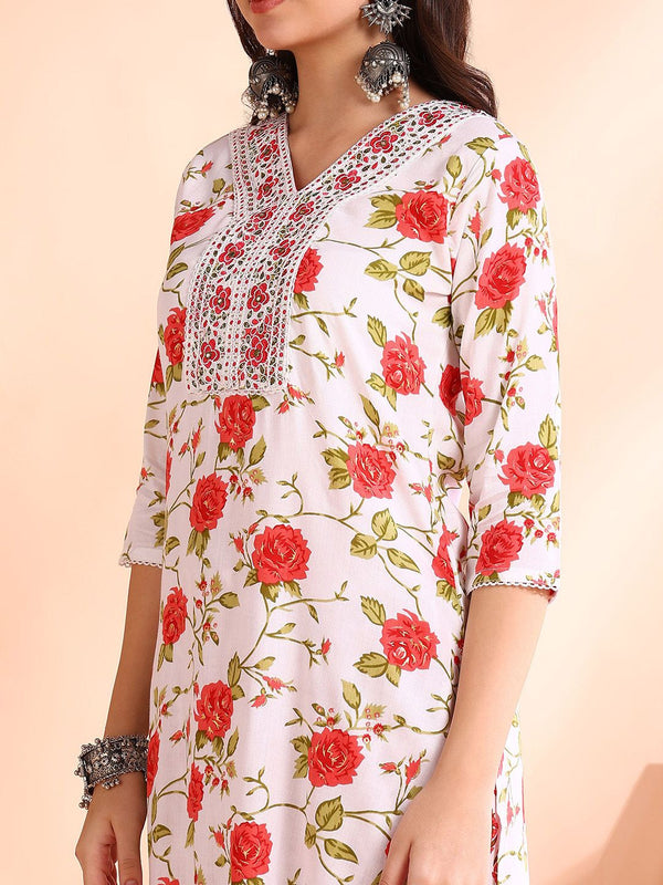 Ode by House of Pataudi Floral Printed Pure Cotton Kurta with Trousers & Dupatta - Distacart