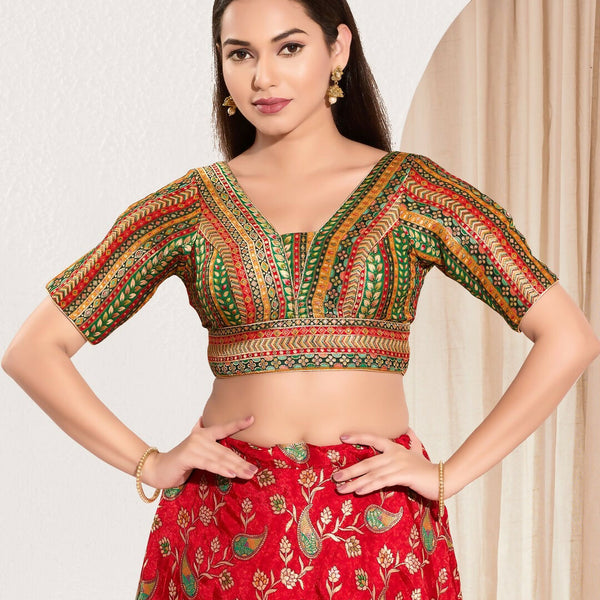 Joban Fashion Green Multi Brocade Padded Blouse With V Neck Elbow Sleeves - Distacart