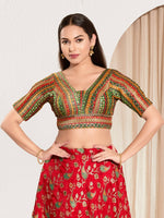 Thumbnail for Joban Fashion Green Multi Brocade Padded Blouse With V Neck Elbow Sleeves - Distacart