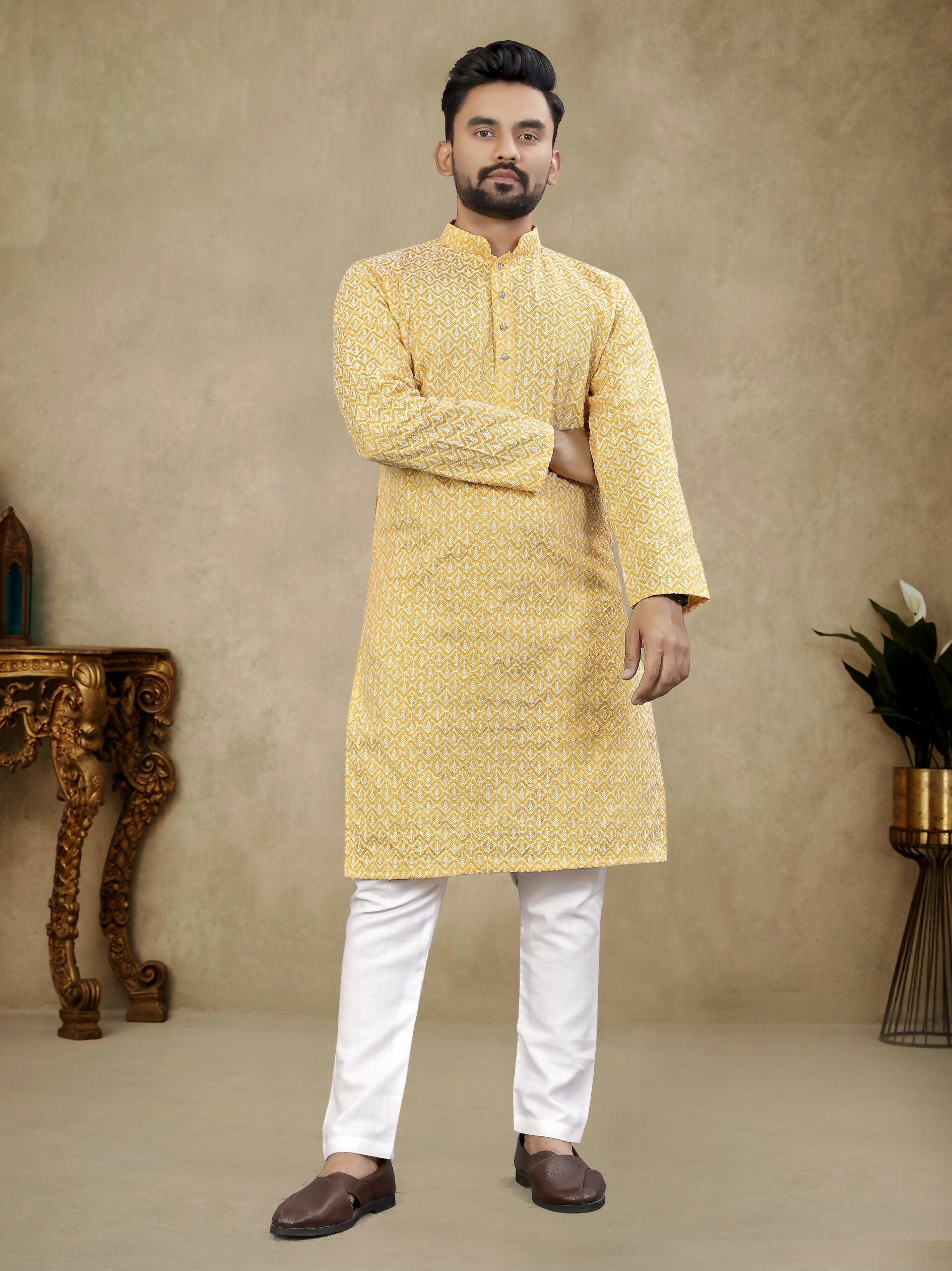 Anaita Yellow Lucknowi Work Silk Straight Kurta - Distacart