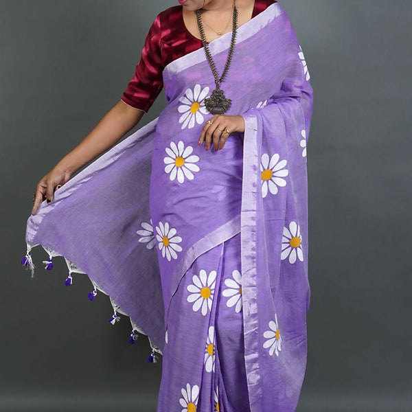 Exclusive Collection Violet Pure Cotton Saree With Sunflower Design