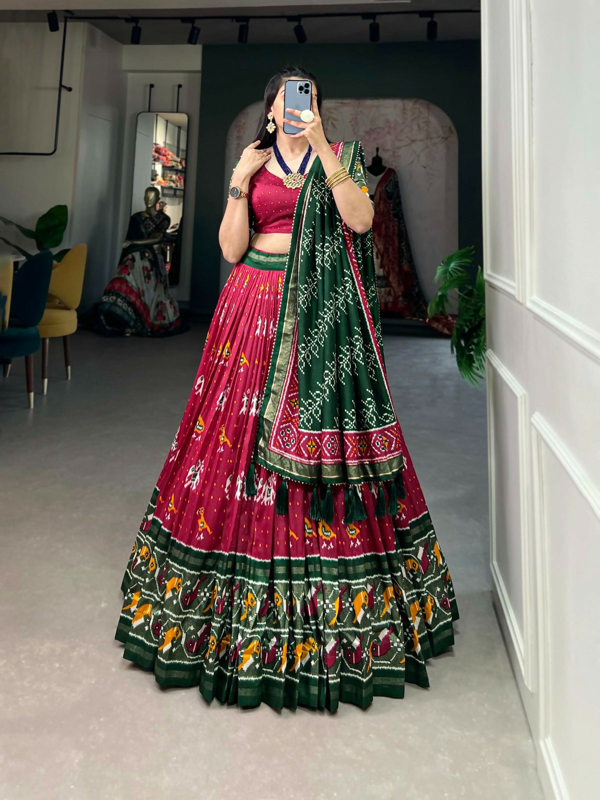 Vastranavya Traditional Ikkat Patola Print Tussar Silk Lehenga Choli - Red - Distacart
