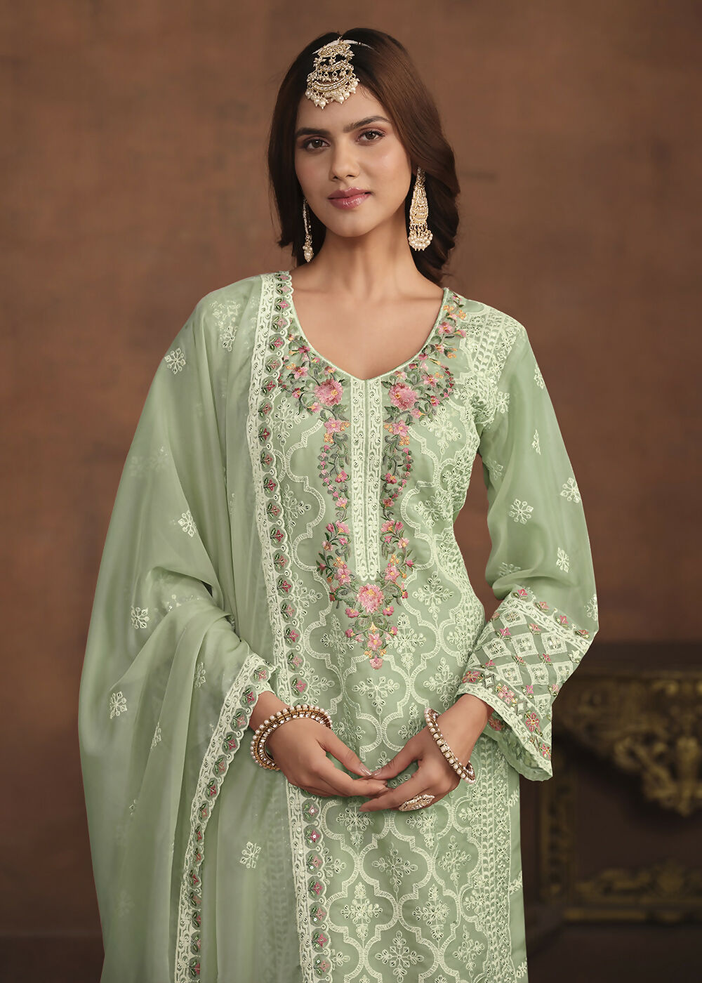 Mint Green Soft Organza Embroidered Festive Salwar Suit - Emponline - Distacart