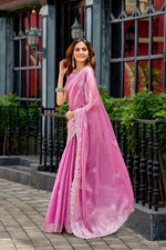 Thumbnail for Vastranavya Baby Pink Embroidery Work Shimmer Chiffon Saree with Unstitched Blouse