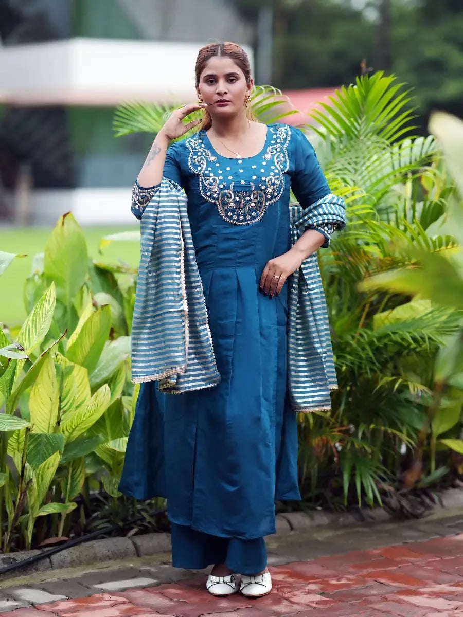 Teeya Creation Heavy Embroidered Peacock Blue Pleated Kurta Set with Silk Dupatta & Pant Pair