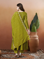 Thumbnail for The52 Light Green Women's Beautiful Vichitra Silk Fabric Embroidered Work Flared Anarkali Pant and Dupatta Set - Distacart