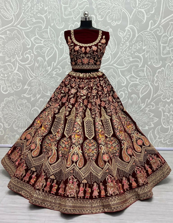 Jyoti Fashion Women's Maroon Velvet Multi Thread Embroidered with Zircon Diamond Work Wedding Lehenga Choli - Distacart