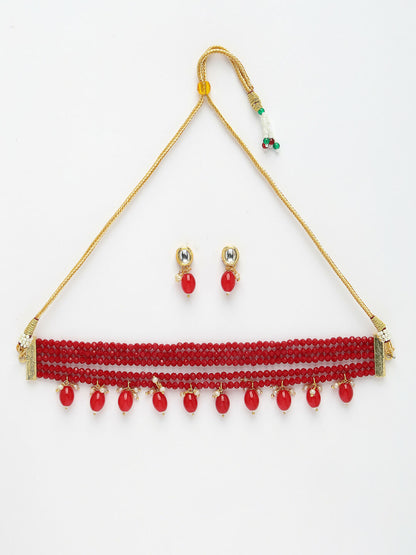 NVR Women's Red Artificial Beads Layered Necklace with Drop Earring - Distacart