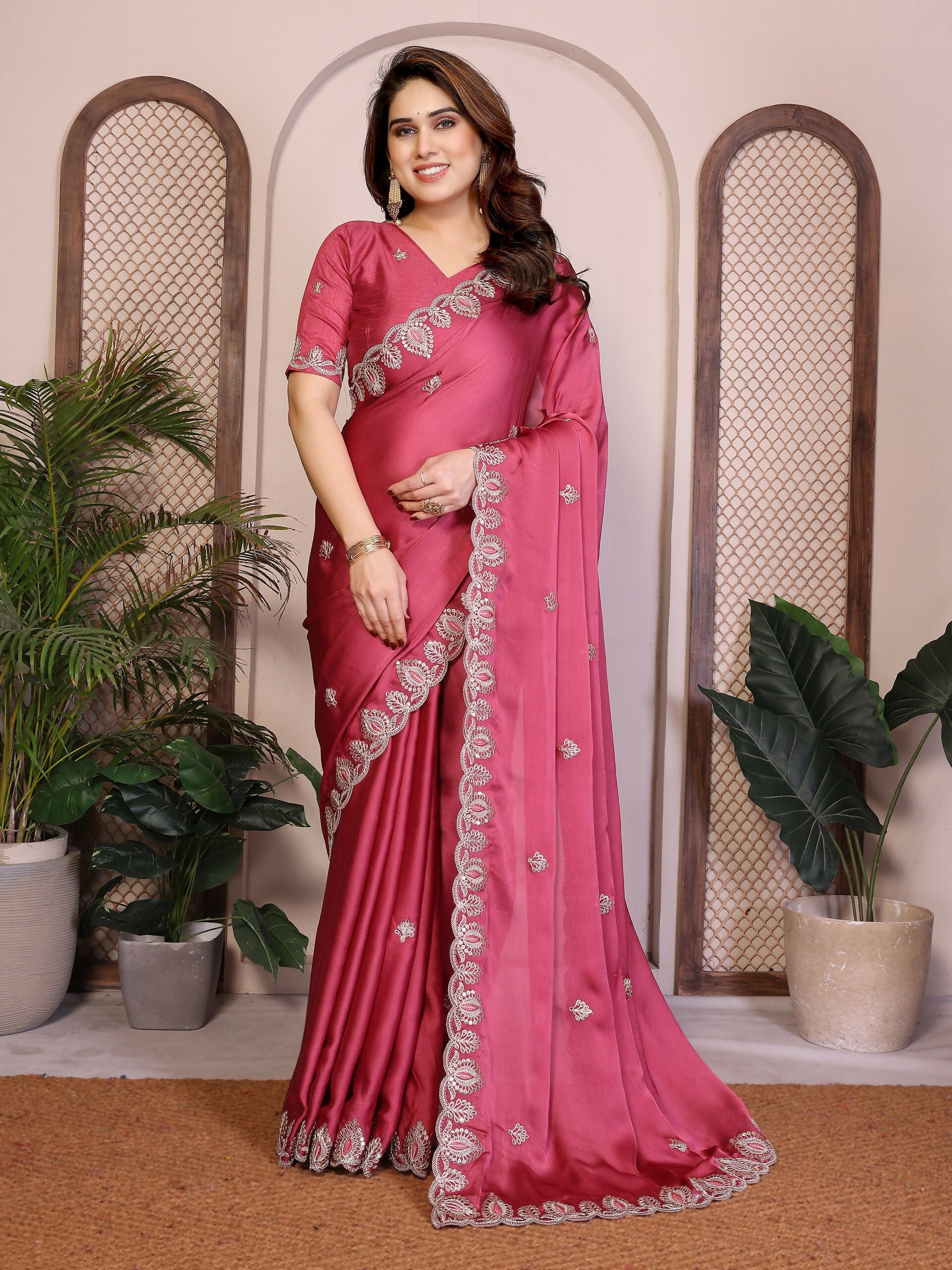 Teeya Creation New Trendy Party Wear Soft Satin Chiffon Saree-Peach - Dista