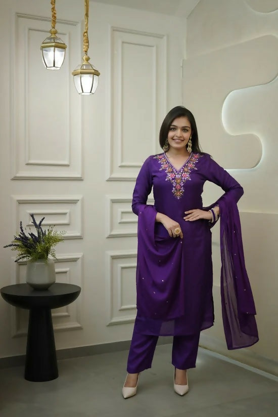 The52 Purple Women's Gorgeous Vichitra Fabric Embroidered Work Straight Kurta Pant and Dupatta Set - Distacart