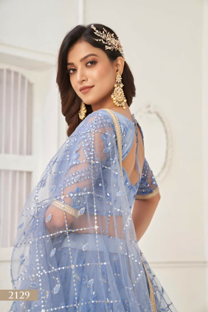 Aastha Fashion Neon Blue Butterfly Net Tone To Tone Thread Work, Sequence Work Embroidery With Original Mirror Handwork Wedding Wear Lehenga Choli - Distacart