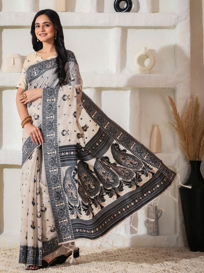 Shree Shyam Fashion Linen Cotton Black & Cream Saree - Distacart