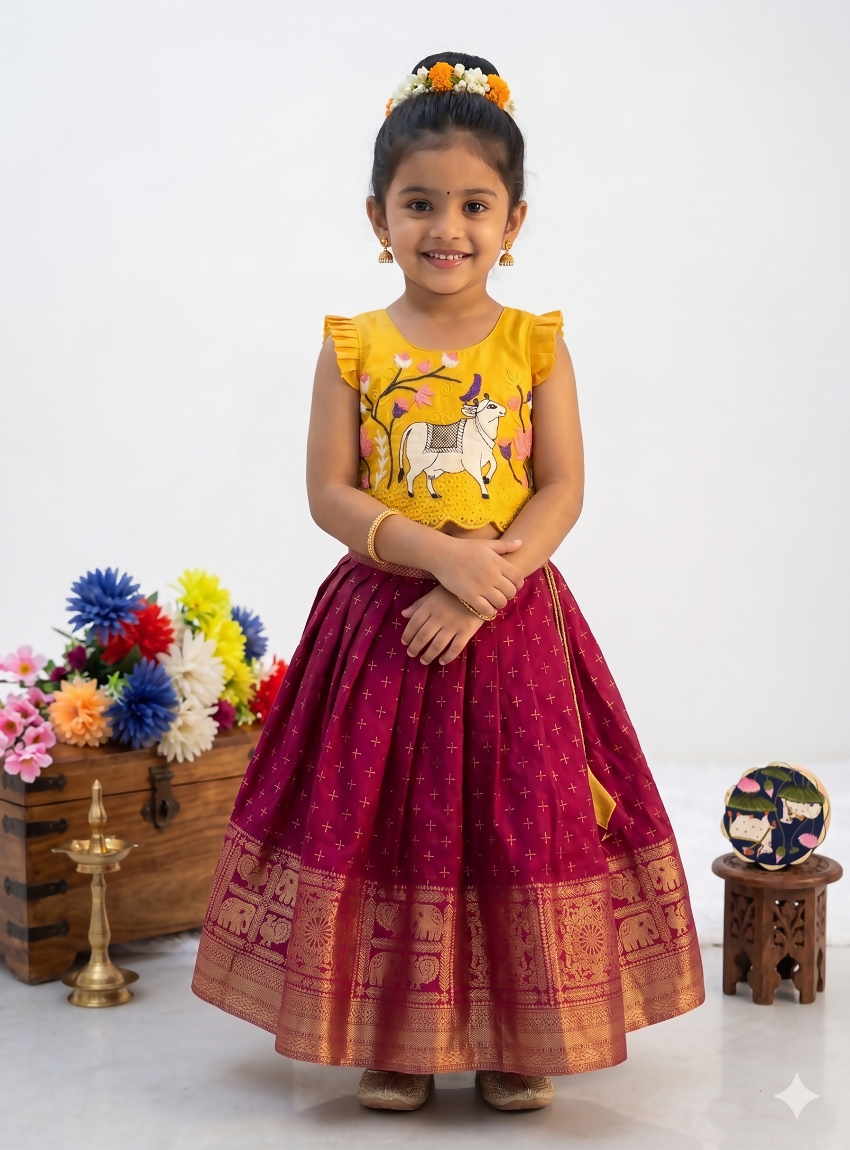 Teeya Creation New Trendy Designer Kids Girls Yellow & Red Silk Pichwai Cow Motif Lehenga Choli Set-Yellow - Dista