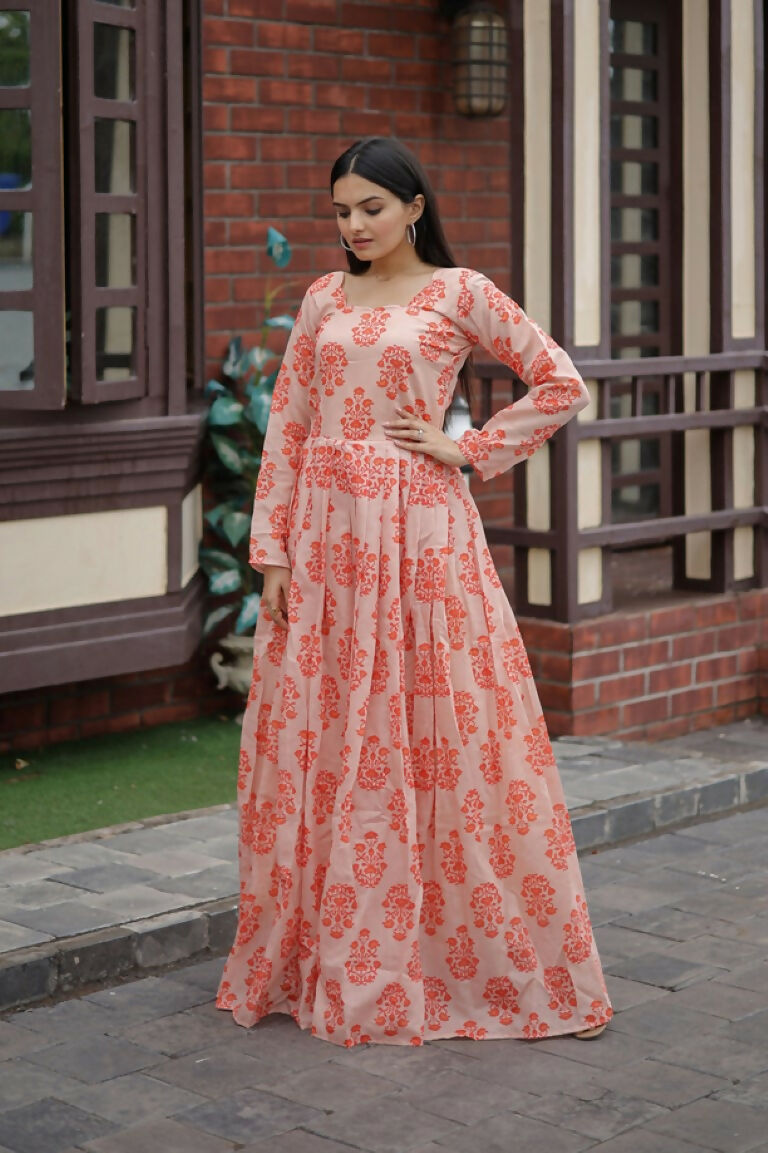 Jyoti Fashion Women's Peach Heavy Digital Printed Pure Chanderi Anarkali Dress - Distacart