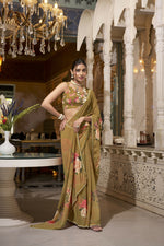 Thumbnail for Vastranavya Brown Spectacular Georgette Printed with Pearl Lace Saree with Unstitched Blouse - Distacart