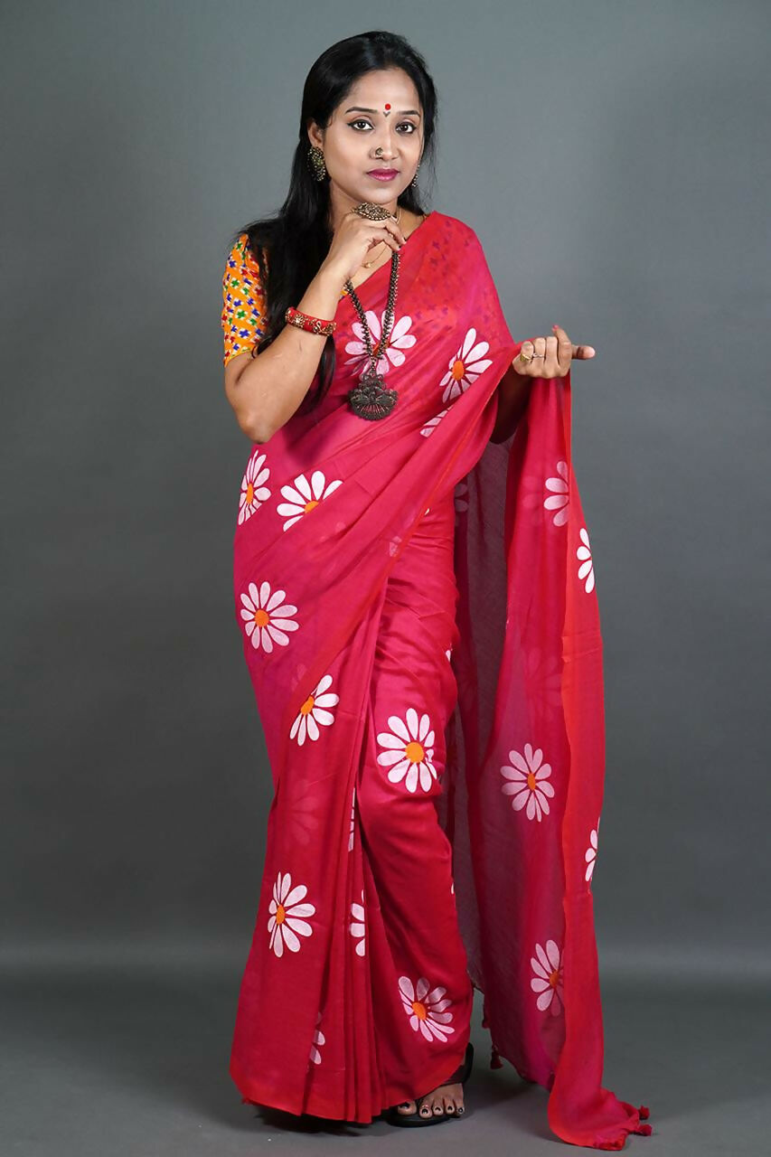 Exclusive Collection Red Pure Cotton Saree With Sunflower Design