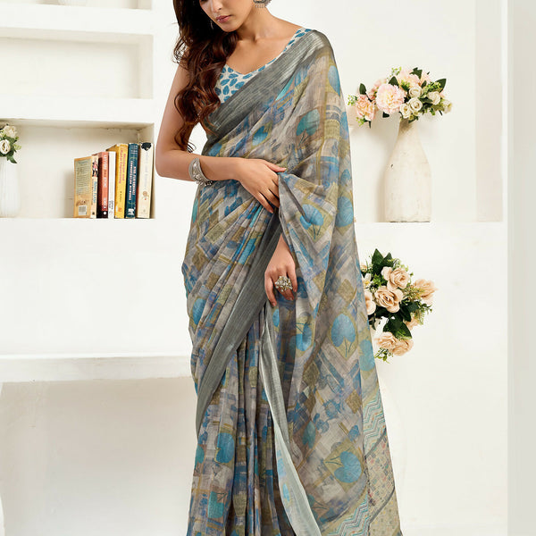 Joban Fashion  Dusty Brown Floral & Ethnic Motifs Linen Ready To Wear Saree With Unstitched Blouse - Distacart