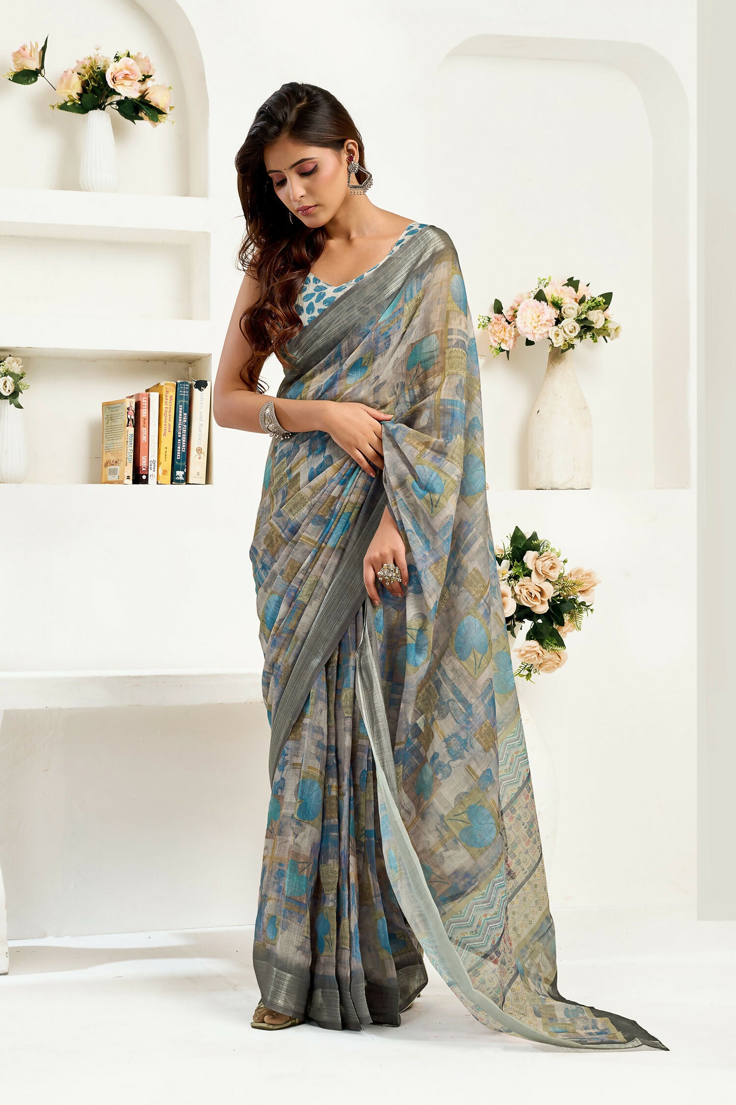 Joban Fashion  Dusty Brown Floral & Ethnic Motifs Linen Ready To Wear Saree With Unstitched Blouse
