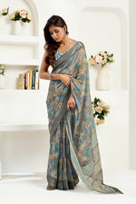 Thumbnail for Joban Fashion  Dusty Brown Floral & Ethnic Motifs Linen Ready To Wear Saree With Unstitched Blouse - Distacart