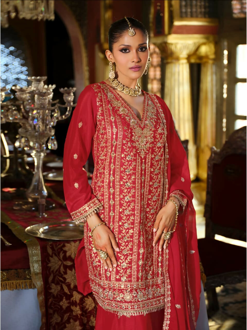 Aarshi Fashions Red Chinon Silk Full Stitched Wedding Suits