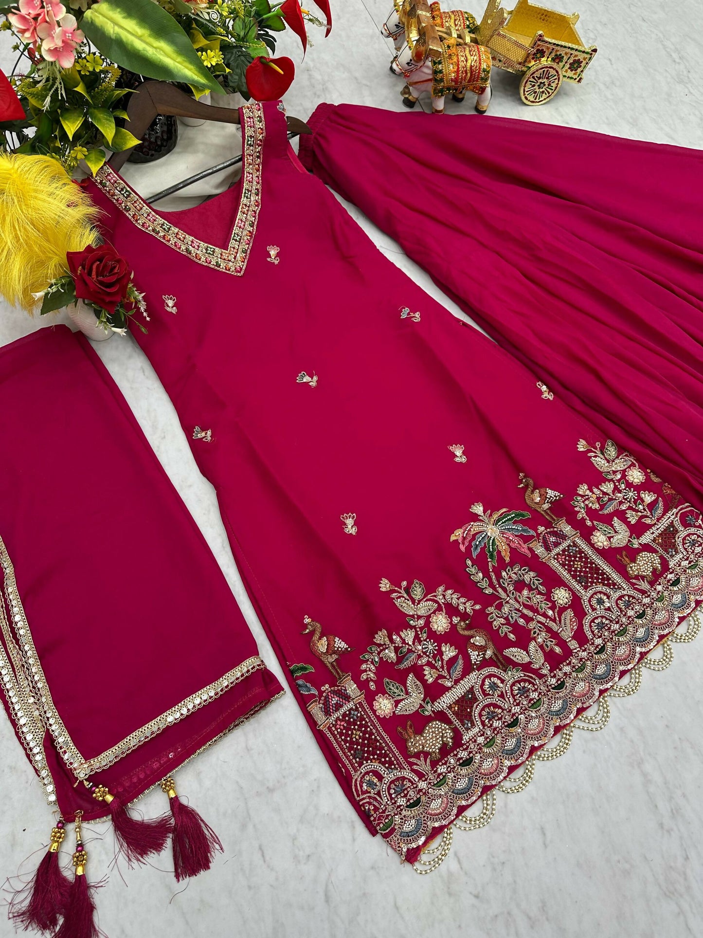 Teeya Creation Womens New Stylish Moti Beads With Cording Sequence Thread Embroidery Work Pink Kurta Set - Dista