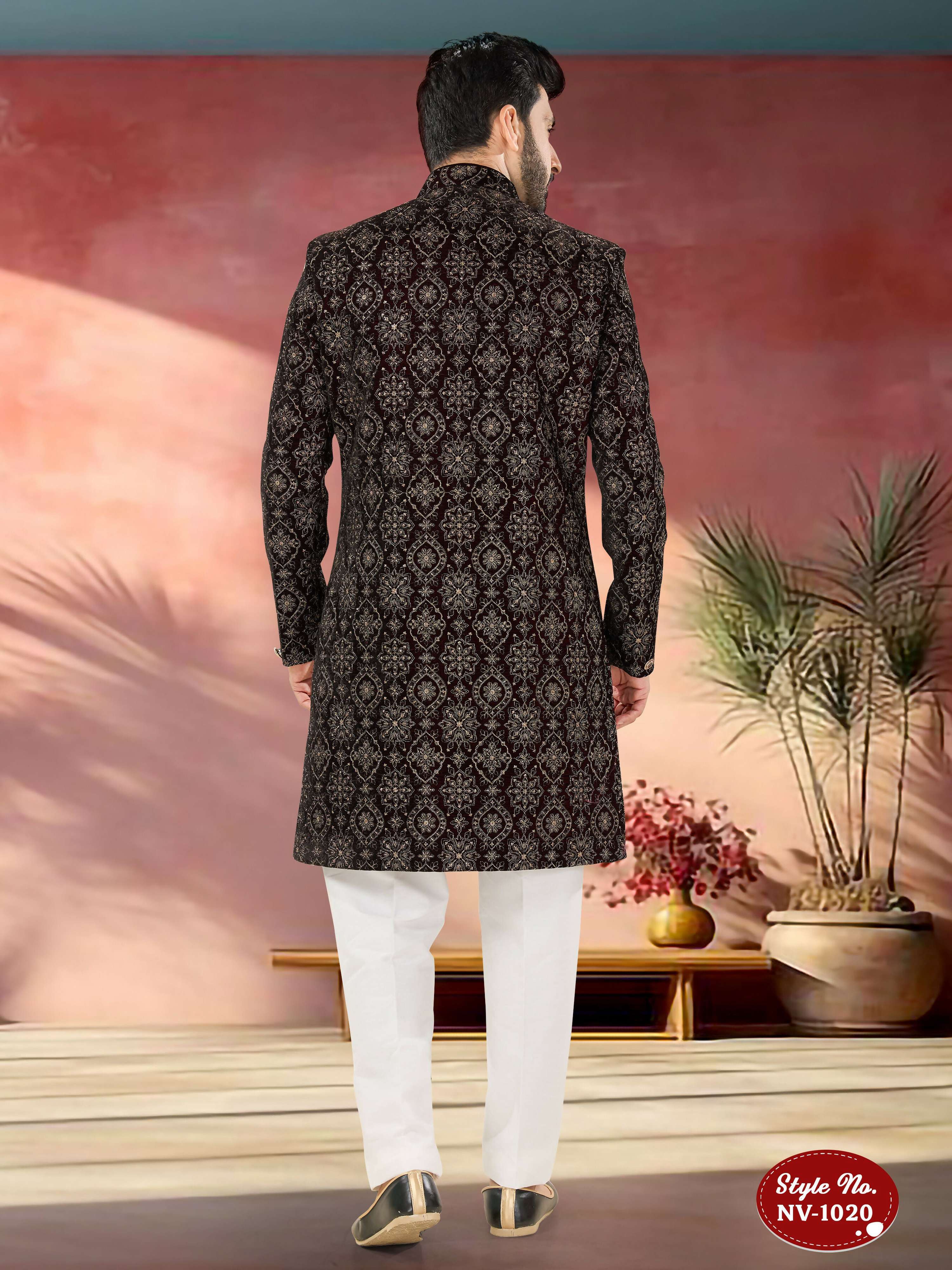 Joban Fashion Men's Marron Base Straight Velvet Thread And Sequence Embroidary All Over Indo-Western Kurta Set - Distacart