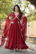 Thumbnail for Aastha Fashion Women's Maroon Faux Blooming Embroidery Zari Sequins-work Gown with Dupatta - Distacart