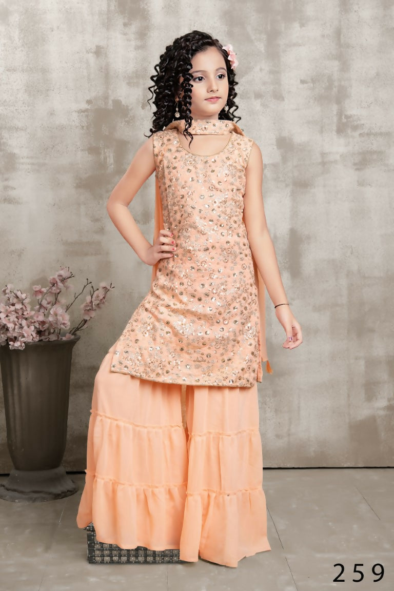 Kids Wedding Designer Orange Fox Georgette Sharara Suit - Aaradhna - Distacart