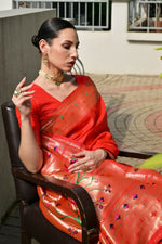 Thumbnail for Vishnu Weaves Women's Red Paithani Silk Zari Woven Saree with Blouse