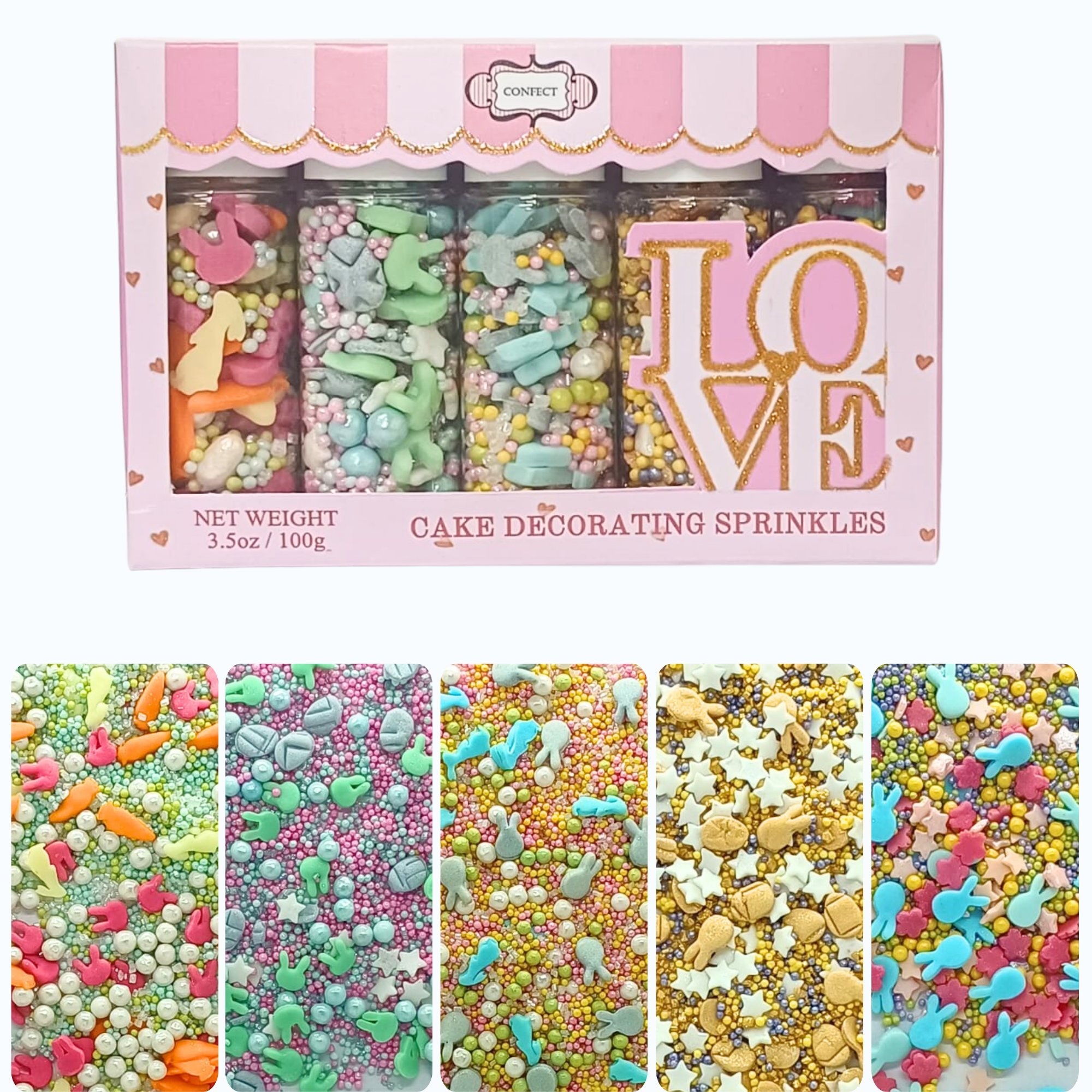 confect easter sprinkles edible mix parrot green yellow pink white and silver pearls stars pack of 5 100gms