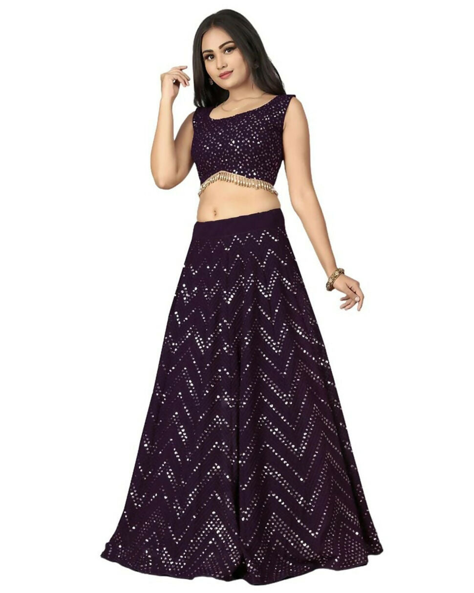 Jyoti Fashion Wine Thread with Sequence Embroidery Faux Georgette Lehenga Choli with Dupatta - Distacart