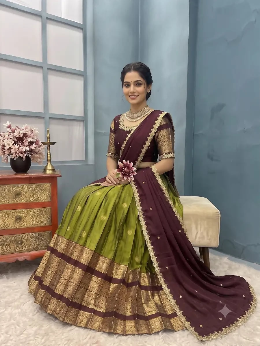 Teeya Creation Olive Green Traditional Half Saree Set with Maroon Embroidered Blouse & Dupatta