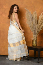 Thumbnail for Very Much Indian Handloom Pure Cotton Linen Saree With Golden Border - White - Distacart
