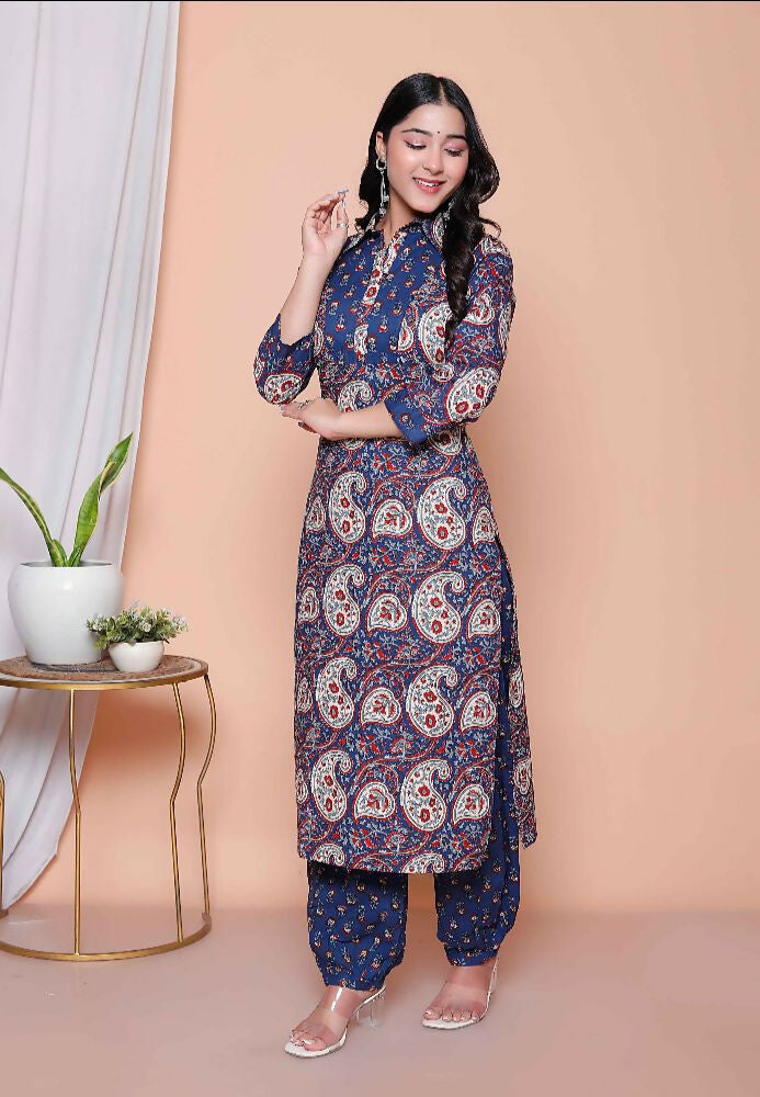Miravan Womens Cotton Floral Printed Shirt-Collar Straight Kurta And Palazzo Set - Distacart