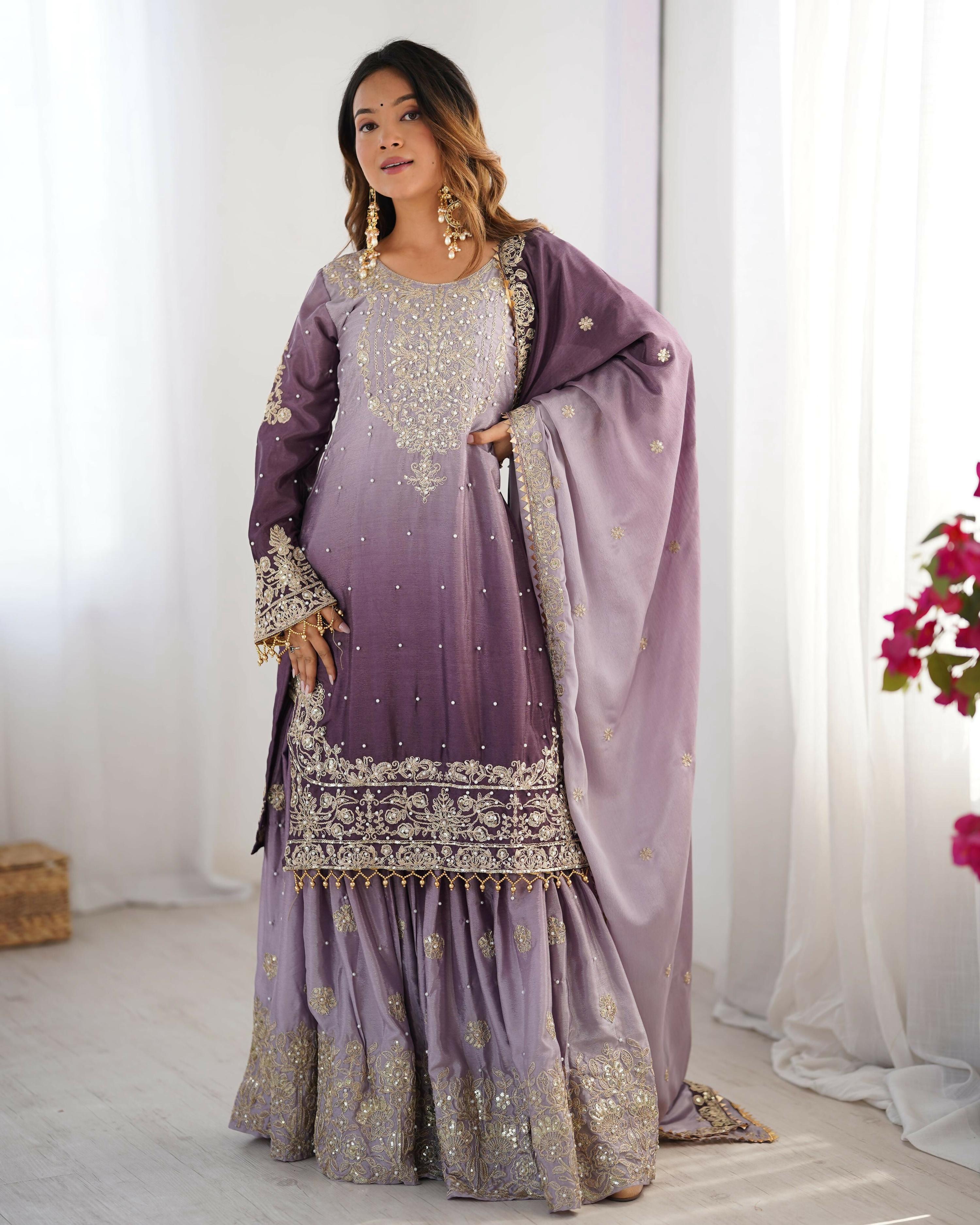 Joban Fashion Lavender Palazzo Chinon silk Coding Dori with Sequence with Rivet Moti