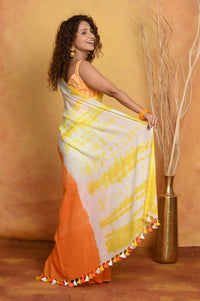 Thumbnail for Very Much Indian Tie & Dye Handloom Mul Cotton Saree - Orange Yellow - Distacart